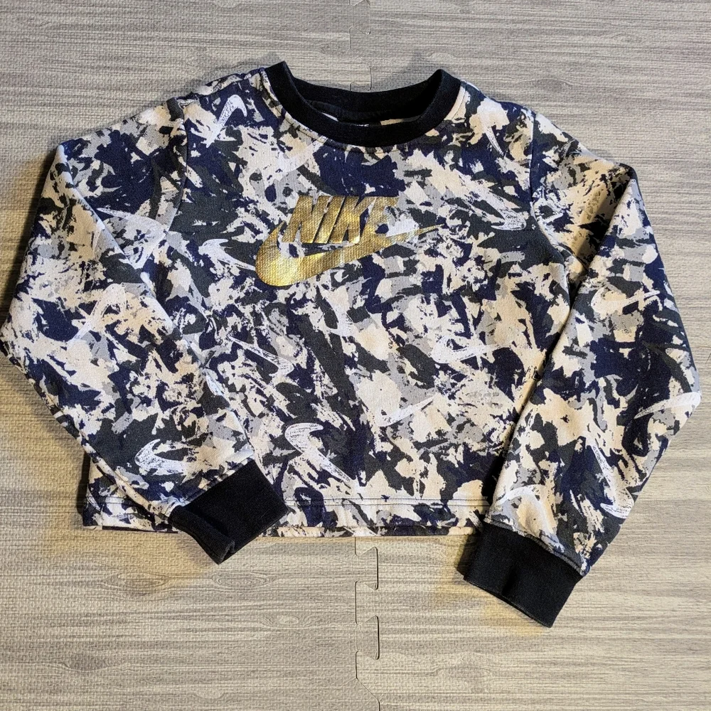 Girls Youth Nike Cropped ‎ Crewneck Sweatshirt, Blue, Cream, Gold Swoosh, Sz L